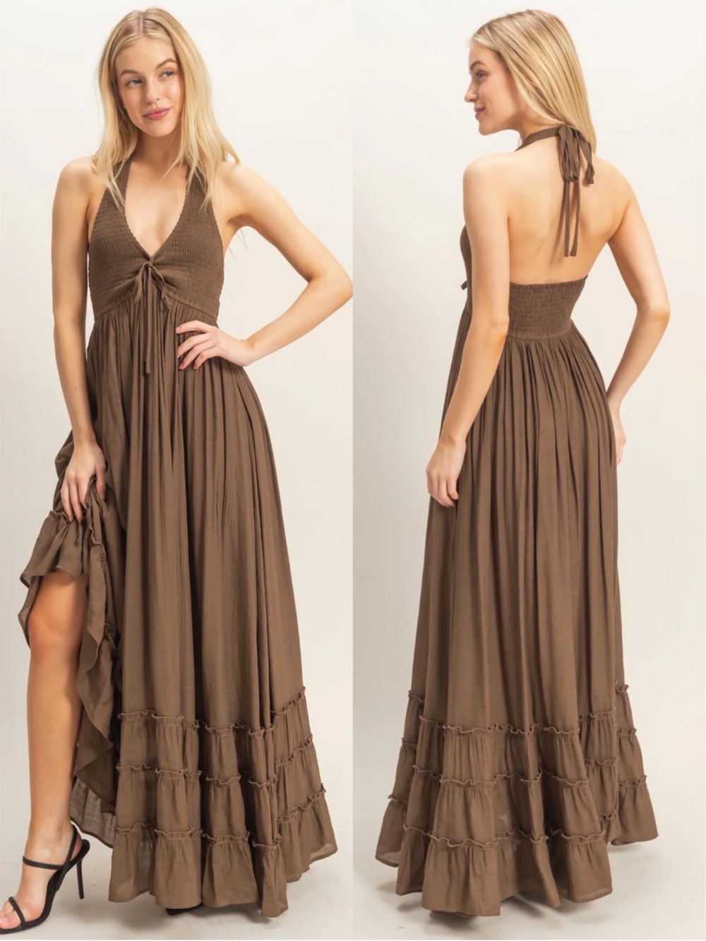 NEW HYFVE Brown Smocked Maxi Dress Size Large Halter Neck Flowy